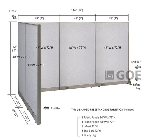 GOF 60"D x 144"W x 48”/60”/72”H, L-Shaped Freestanding Fabric Partition Package