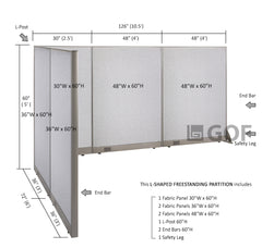 GOF 72"D x 126"W x 48”/60”/72”H, L-Shaped Freestanding Fabric Partition Package