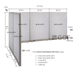 GOF 72"D x 144"W x 48”/60”/72”H, L-Shaped Freestanding Fabric Partition Package
