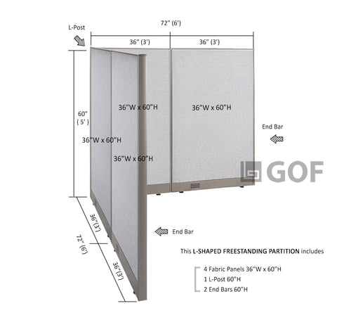 GOF 72"D x 72"W x 48”/60”/72”H, L-Shaped Freestanding Fabric Partition Package