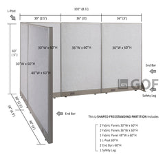 GOF 78"D x 102"W x 48”/60”/72”H, L-Shaped Freestanding Fabric Partition Package