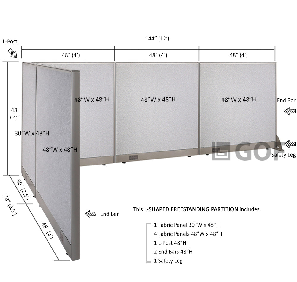 GOF 78"D x 144"W x 48”/60”/72”H, L-Shaped Freestanding Fabric Partition Package