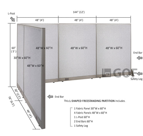 GOF 78"D x 144"W x 48”/60”/72”H, L-Shaped Freestanding Fabric Partition Package