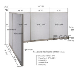 GOF 78"D x 144"W x 48”/60”/72”H, L-Shaped Freestanding Fabric Partition Package