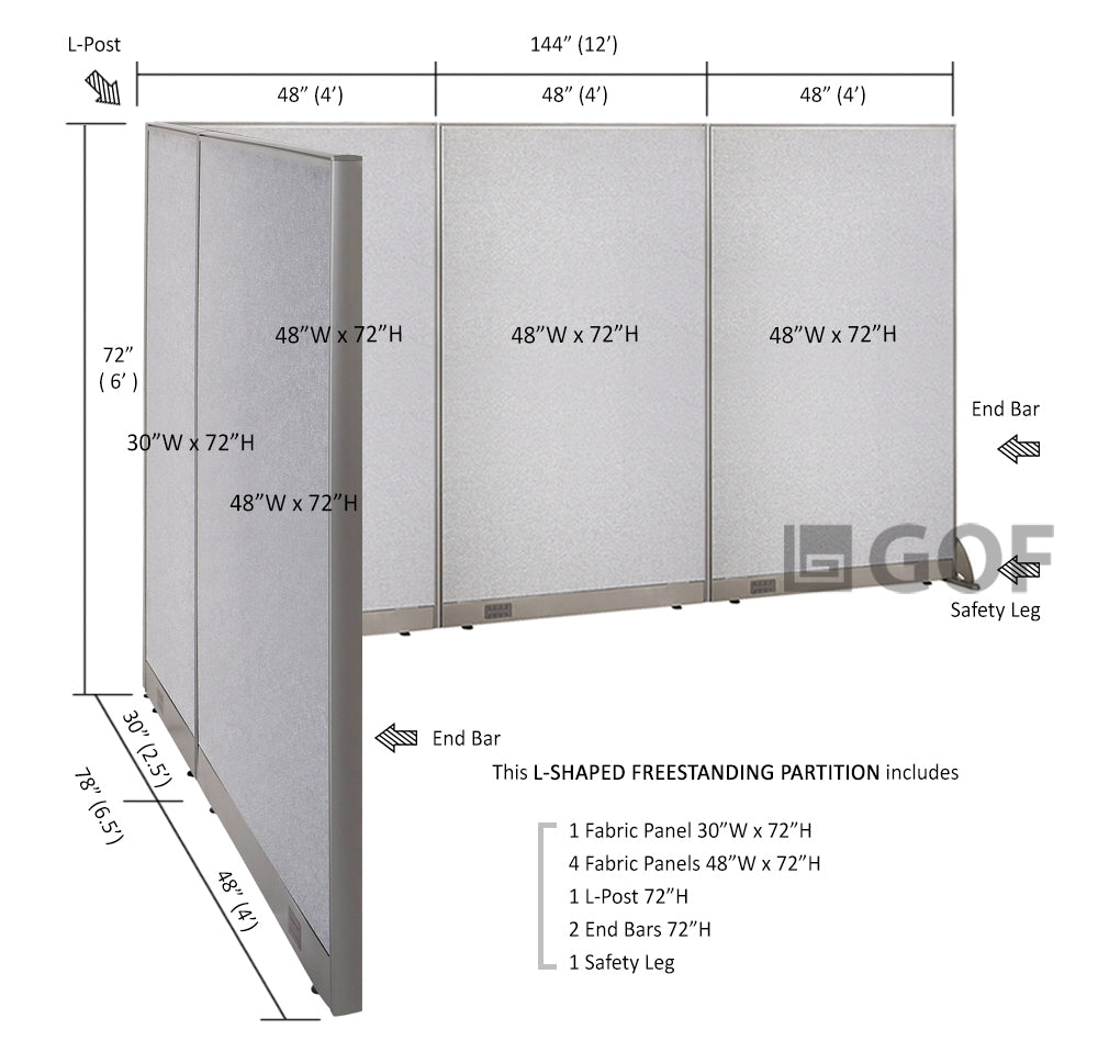 GOF 78"D x 144"W x 48”/60”/72”H, L-Shaped Freestanding Fabric Partition Package