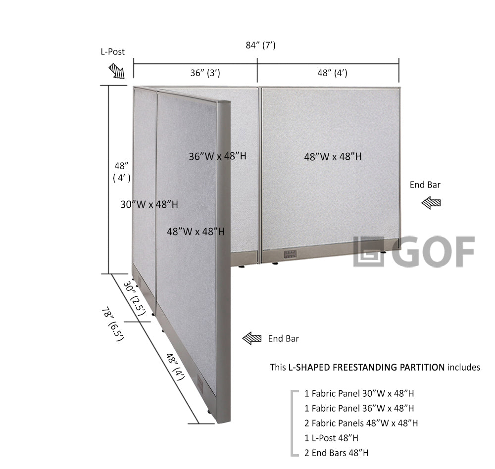 GOF 78"D x 84"W x 48”/60”/72”H, L-Shaped Freestanding Fabric Partition Package