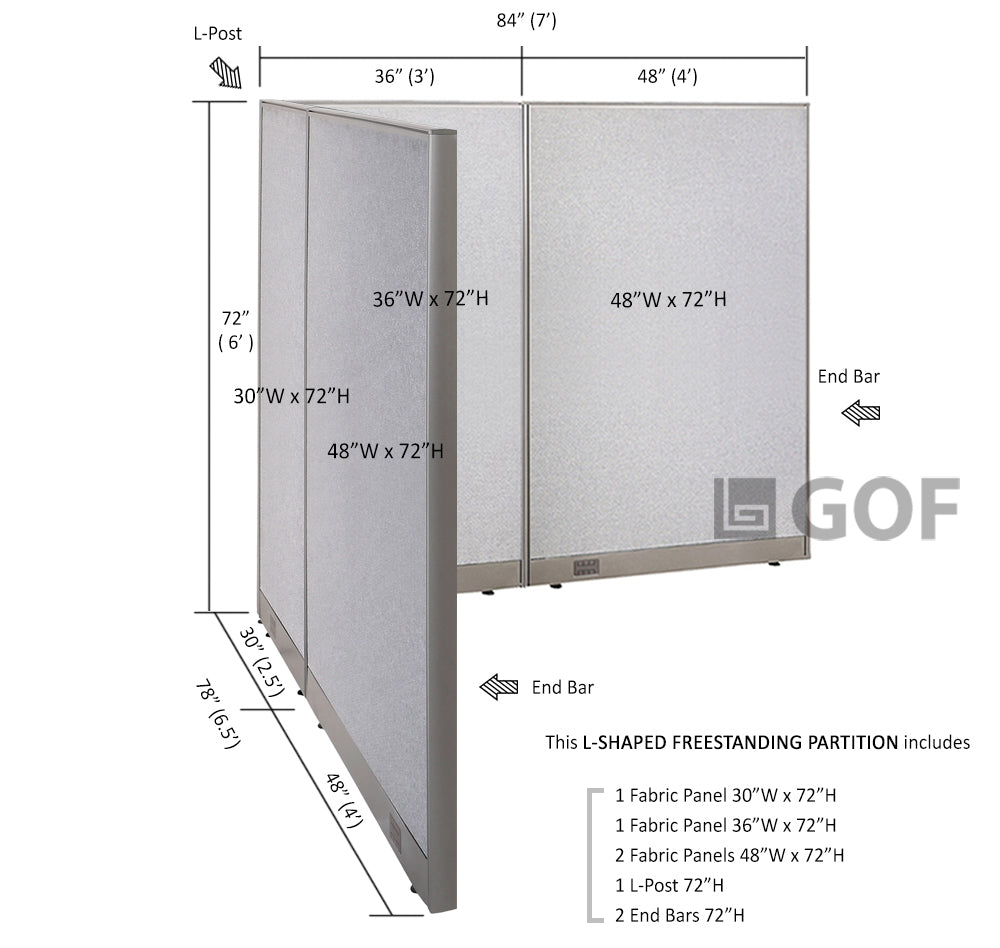 GOF 78"D x 84"W x 48”/60”/72”H, L-Shaped Freestanding Fabric Partition Package