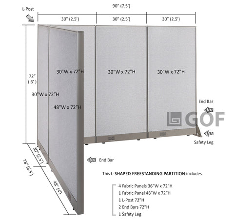 GOF 78"D x 90"W x 48”/60”/72”H, L-Shaped Freestanding Fabric Partition Package
