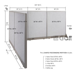 GOF 84"D x 102"W x 48”/60”/72”H, L-Shaped Freestanding Fabric Partition Package