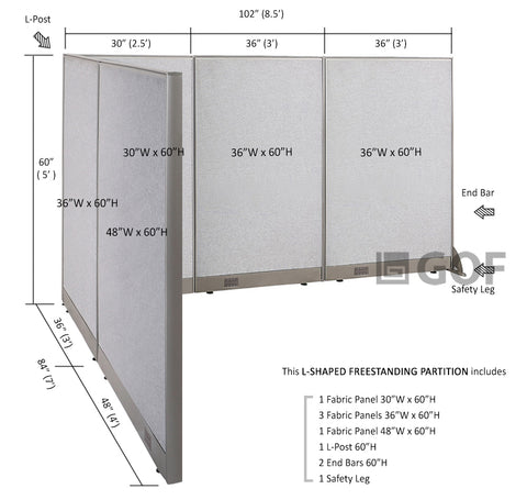 GOF 84"D x 102"W x 48”/60”/72”H, L-Shaped Freestanding Fabric Partition Package