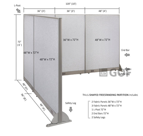 GOF 96"D x 120"W x 48”/60”/72”H, L-Shaped Freestanding Fabric Partition Package