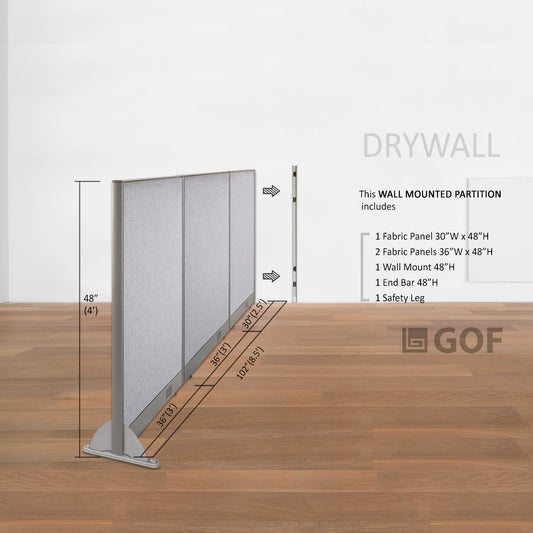 GOF 102"W x 48”/60”/72”H, Wall-Mounted Fabric Partition Package