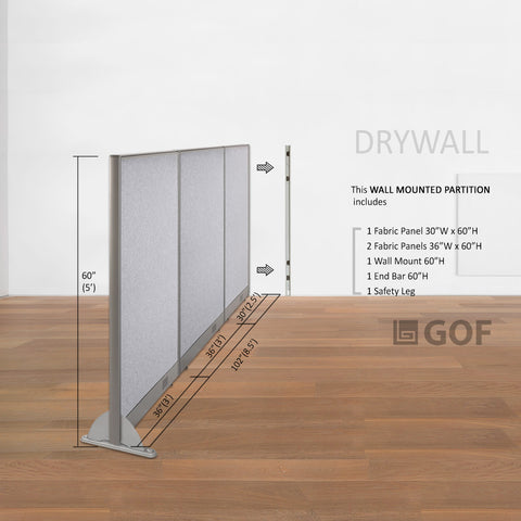 GOF 102"W x 48”/60”/72”H, Wall-Mounted Fabric Partition Package