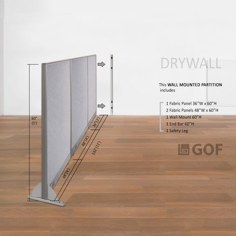 GOF 132"W x 48”/60”/72”H, Wall-Mounted Fabric Partition Package