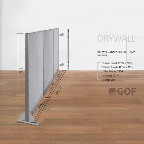 GOF 132"W x 48”/60”/72”H, Wall-Mounted Fabric Partition Package