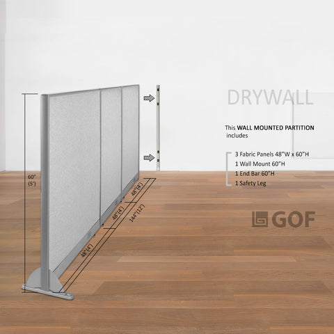 GOF 144"W x 48”/60”/72”H, Wall-Mounted Fabric Partition Package
