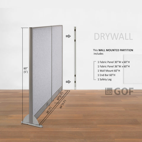 GOF 66"W x 48”/60”/72”H, Wall-Mounted Fabric Partition Package