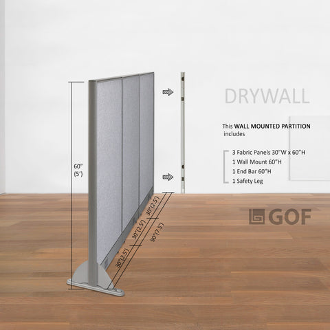 GOF 90"W x 48”/60”/72”H, Wall-Mounted Fabric Partition Package