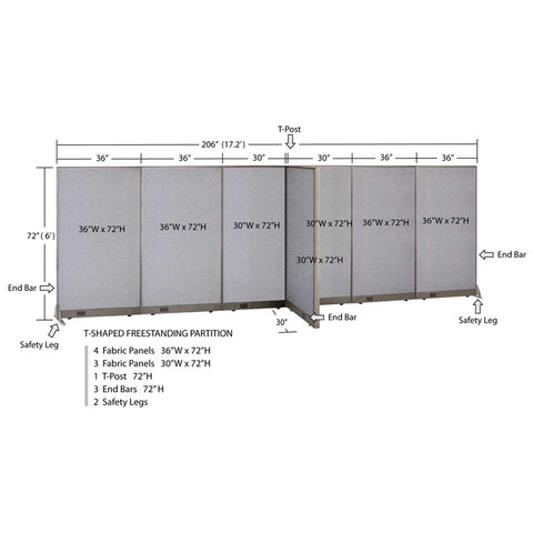 GOF 30"D x 204"W x 48”/60”/72”H, T-Shaped Freestanding Fabric Partition