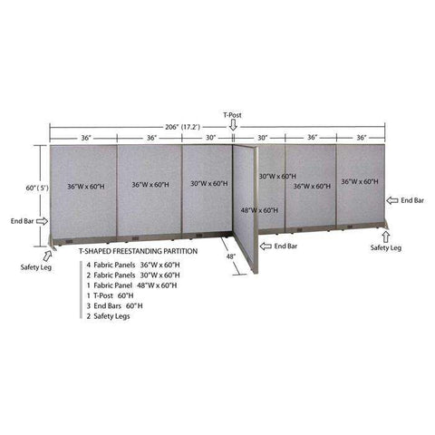 GOF 48"D x 204"W x 48”/60”/72”H, T-Shaped Freestanding Fabric Partition