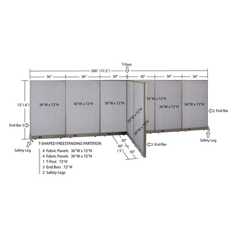 GOF 60"D x 204"W x 48”/60”/72”H, T-Shaped Freestanding Fabric Partition