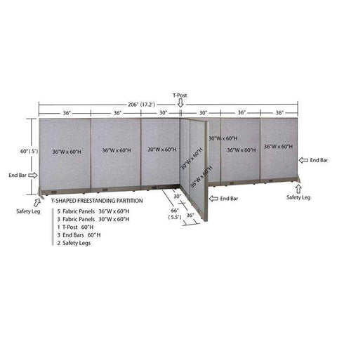 GOF 66"D x 204"W x 48”/60”/72”H, T-Shaped Freestanding Fabric Partition