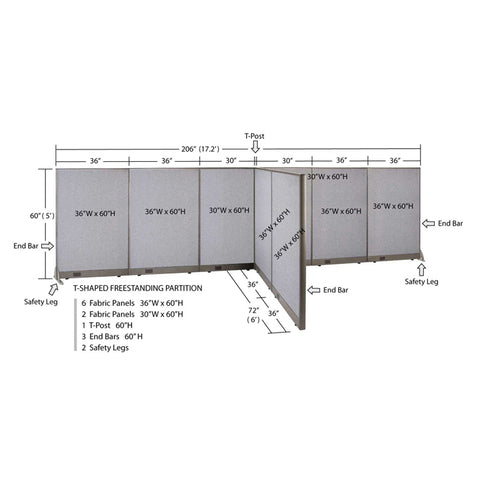 GOF 72"D x 204"W x 48”/60”/72”H, T-Shaped Freestanding Fabric Partition