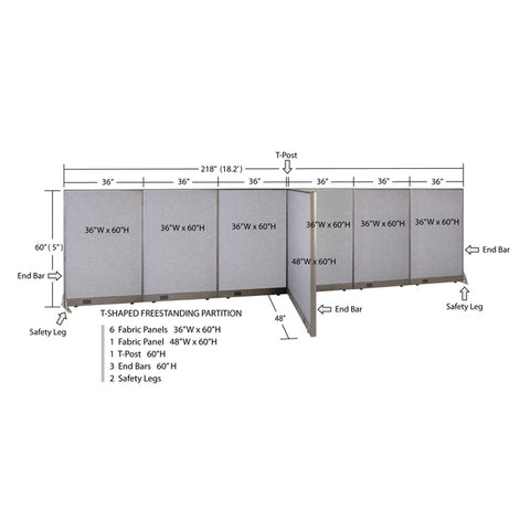 GOF 48"D x 216"W x 48”/60”/72”H, T-Shaped Freestanding Fabric Partition