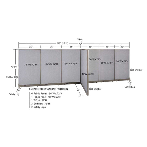 GOF 48"D x 216"W x 48”/60”/72”H, T-Shaped Freestanding Fabric Partition