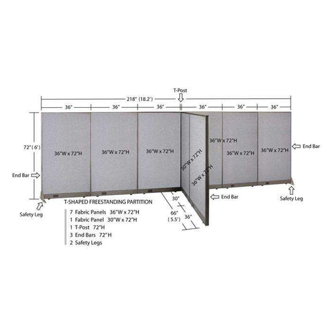 GOF 66"D x 216"W x 48”/60”/72”H, T-Shaped Freestanding Fabric Partition