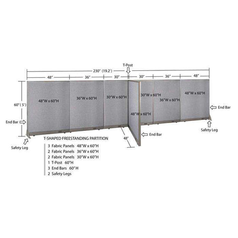 GOF 48"D x 228"W x 48”/60”/72”H, T-Shaped Freestanding Fabric Partition