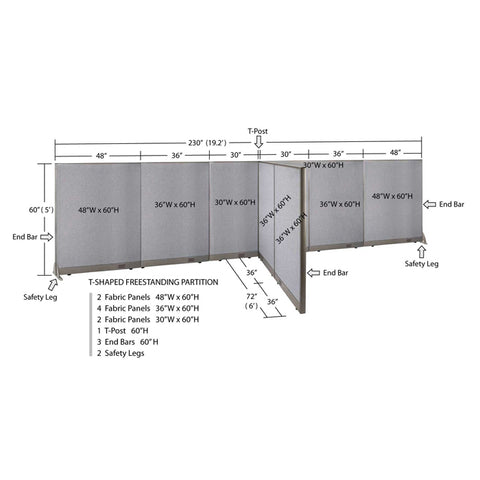 GOF 72"D x 228"W x 48”/60”/72”H, T-Shaped Freestanding Fabric Partition