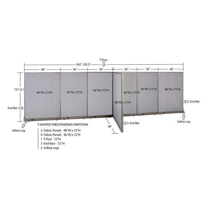 GOF 48"D x 240"W x 48”/60”/72”H, T-Shaped Freestanding Fabric Partition