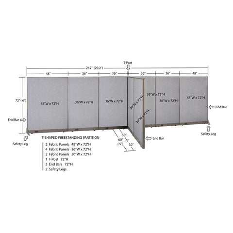 GOF 60"D x 240"W x 48”/60”/72”H, T-Shaped Freestanding Fabric Partition