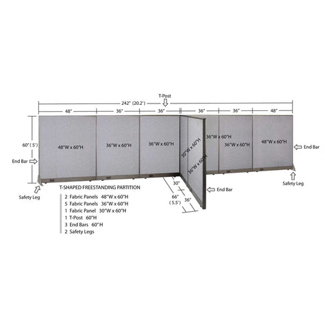 GOF 66"D x 240"W x 48”/60”/72”H, T-Shaped Freestanding Fabric Partition