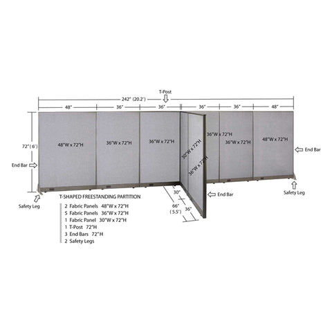 GOF 66"D x 240"W x 48”/60”/72”H, T-Shaped Freestanding Fabric Partition
