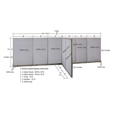 GOF 72"D x 240"W x 48”/60”/72”H, T-Shaped Freestanding Fabric Partition