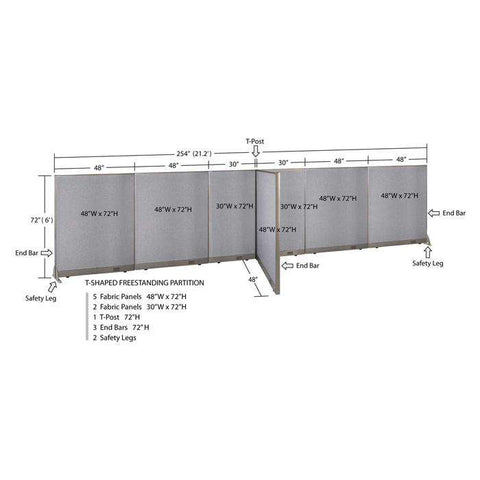 GOF 48"D x 252"W x 48”/60”/72”H, T-Shaped Freestanding Fabric Partition