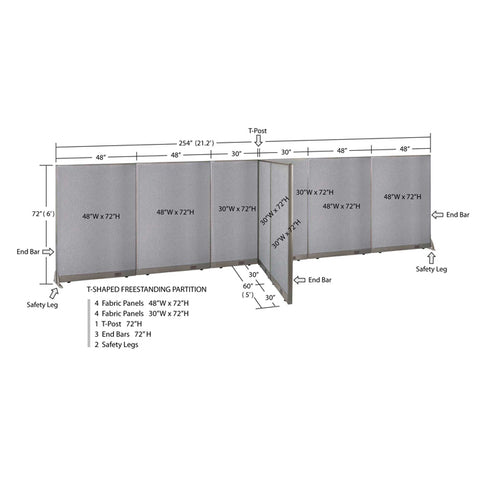 GOF 60"D x 252"W x 48”/60”/72”H, T-Shaped Freestanding Fabric Partition