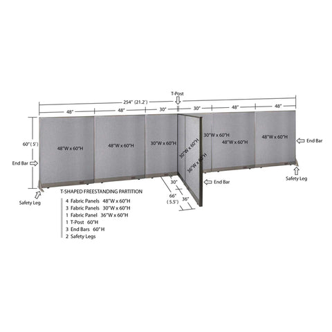 GOF 66D x 252"W x 48"H x 48”/60”/72”H, T-Shaped Freestanding Fabric Partition