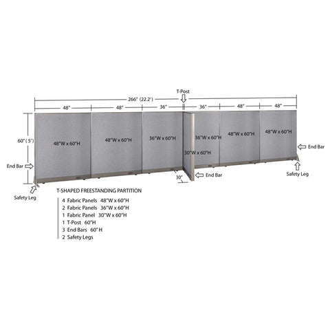 GOF 30"D x 264"W x 48”/60”/72”H, T-Shaped Freestanding Fabric Partition