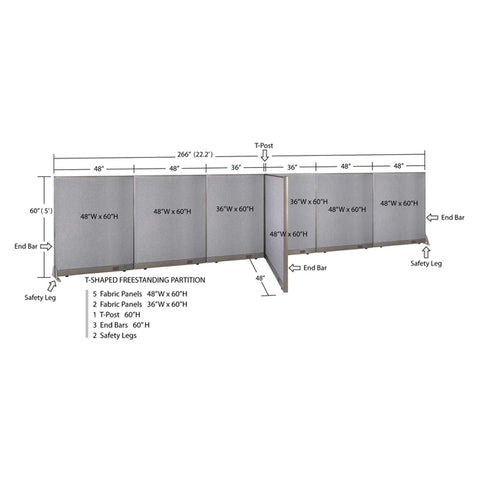 GOF 48"D x 264"W x 48”/60”/72”H, T-Shaped Freestanding Fabric Partition
