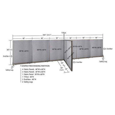 GOF 66"D x 264"W x 48”/60”/72”H, T-Shaped Freestanding Fabric Partition
