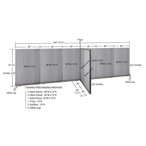 GOF 66"D x 264"W x 48”/60”/72”H, T-Shaped Freestanding Fabric Partition