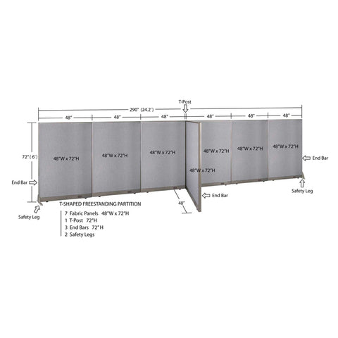 GOF 48"D x 288"W x 48”/60”/72”H, T-Shaped Freestanding Fabric Partition