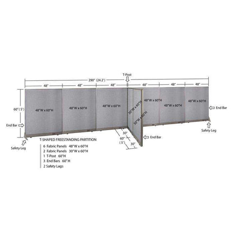 GOF 60"D x 288"W x 48”/60”/72”H, T-Shaped Freestanding Fabric Partition