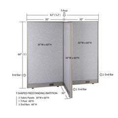 GOF 30"D x 60"W x 48”/60”/72”H, T-Shaped Freestanding Fabric Partition
