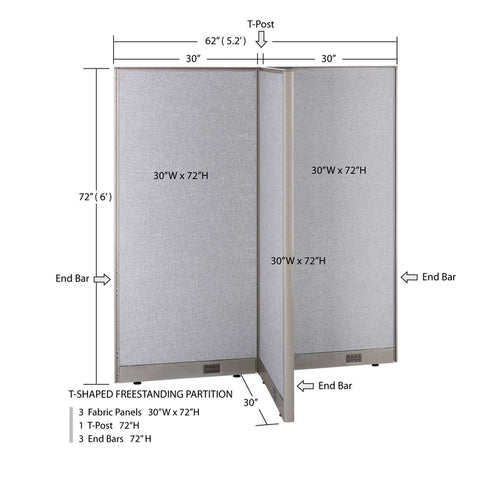 GOF 30"D x 60"W x 48”/60”/72”H, T-Shaped Freestanding Fabric Partition
