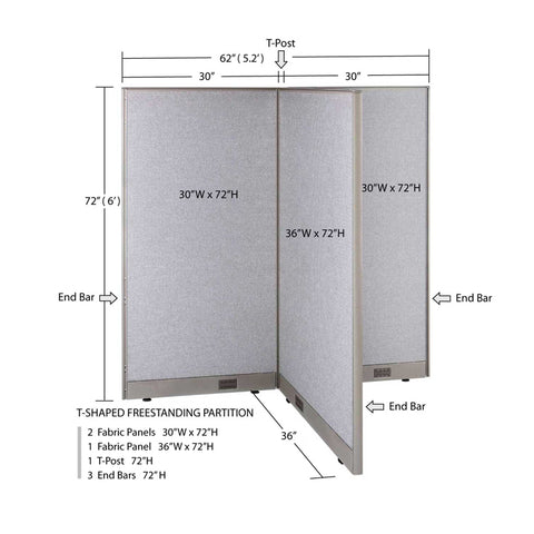 GOF 36"D x 60"W x 48”/60”/72”H, T-Shaped Freestanding Fabric Partition