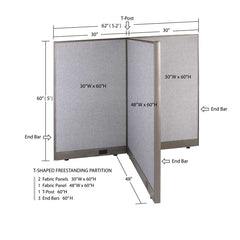 GOF 48"D x 60"W x 48”/60”/72”H, T-Shaped Freestanding Fabric Partition